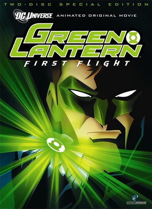 Hal Jordan holding up his glowing power ring, glaring at the viewer through his green mask. Hal is a white man with brown hair.